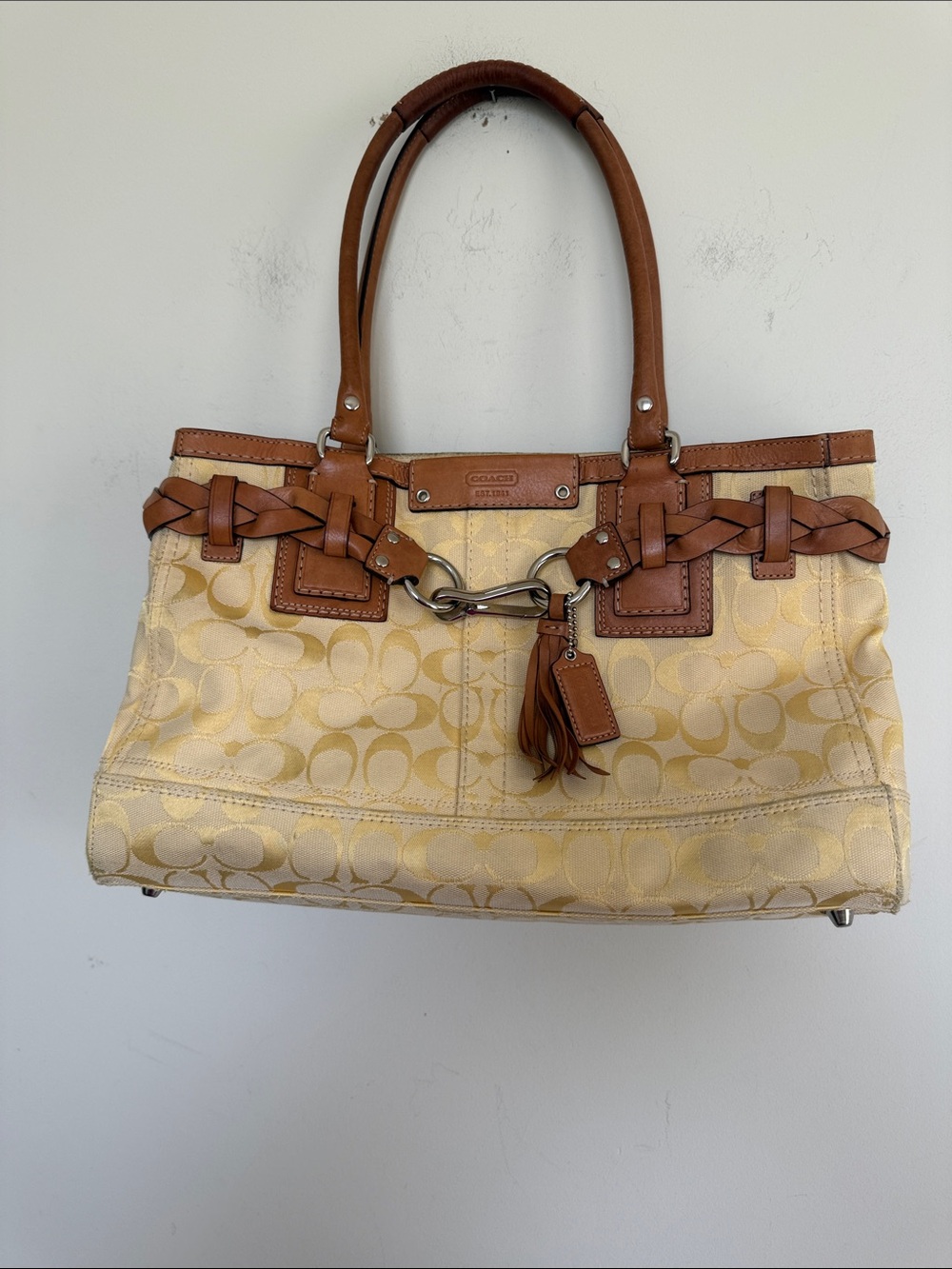 Vintage Coach Yellow/Cream Signature Canvas Tote with Tan Leather Trim